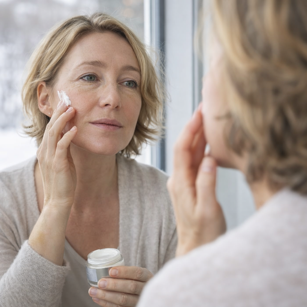Woman with dry skin applying skincare in winter Canada, natural anti-aging routine