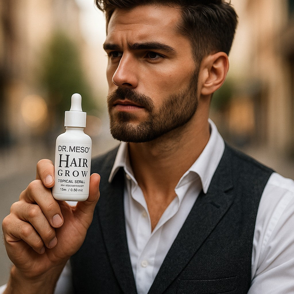 Man with full thick head of hair holding Dr. Meso Hair Grow topical serum bottle