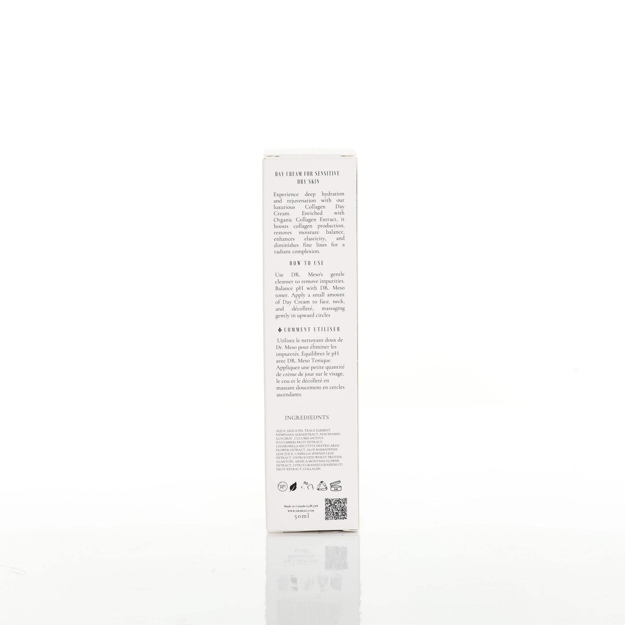 Backside of DR.MESO® Collagen Day Cream packaging with ingredients list