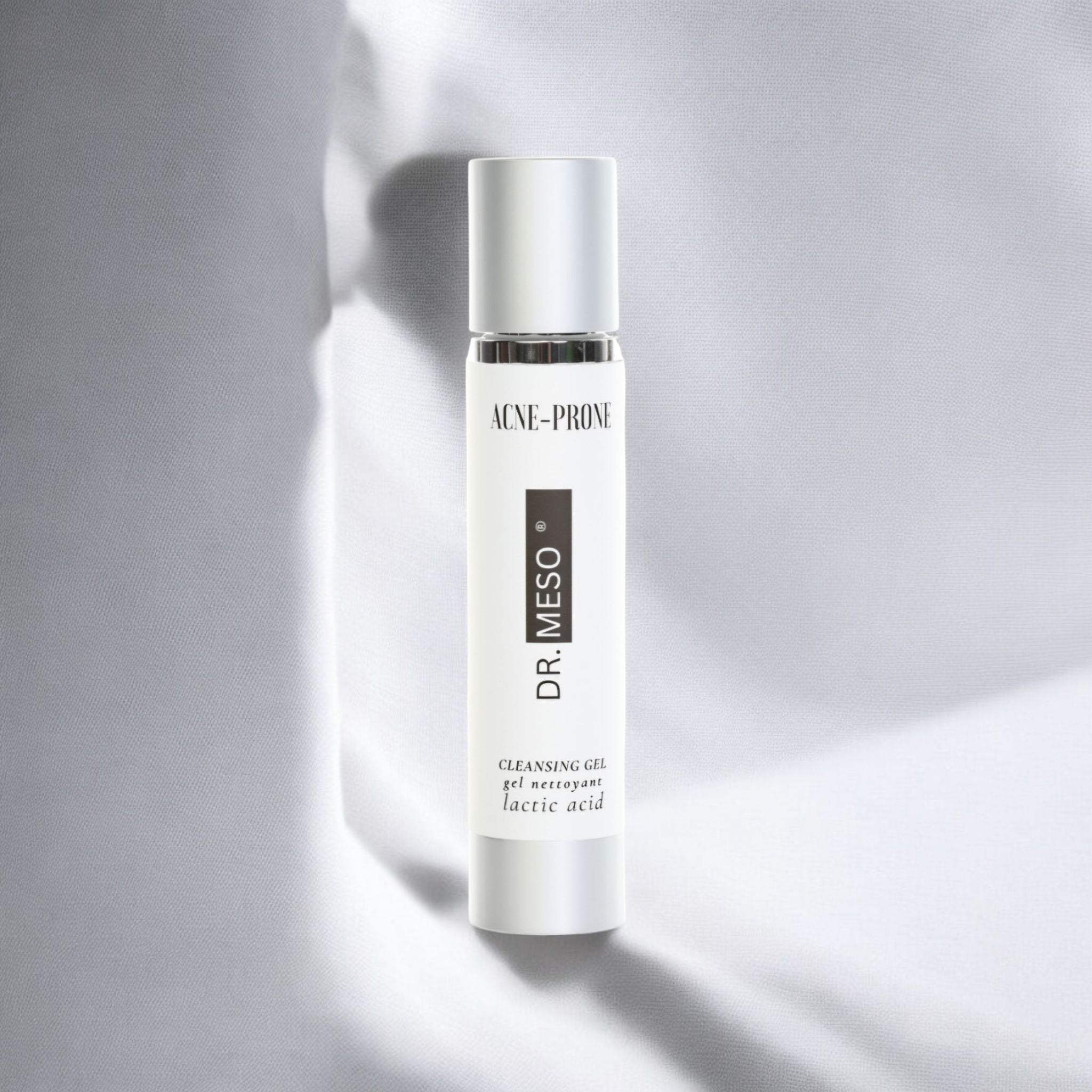 Dr. Meso skincare bottle on a gray background