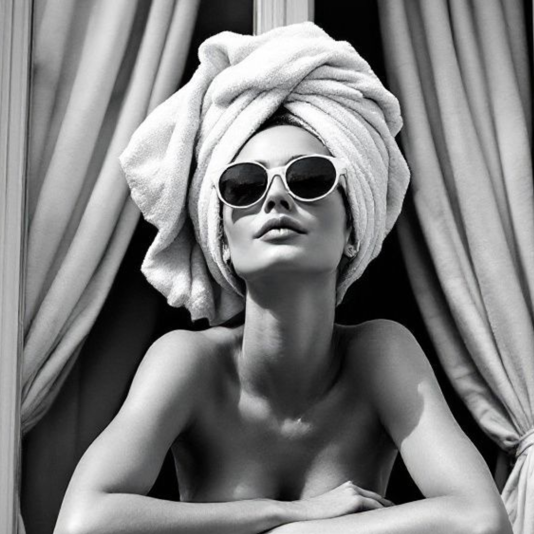 Woman with a towel wrapped around her head and sunglasses, standing in front of an ornate window after using Dr. Meso Acne Prone