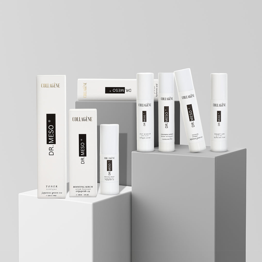 Collection of Dr. Meso skincare products on a gray platform with a light gray background