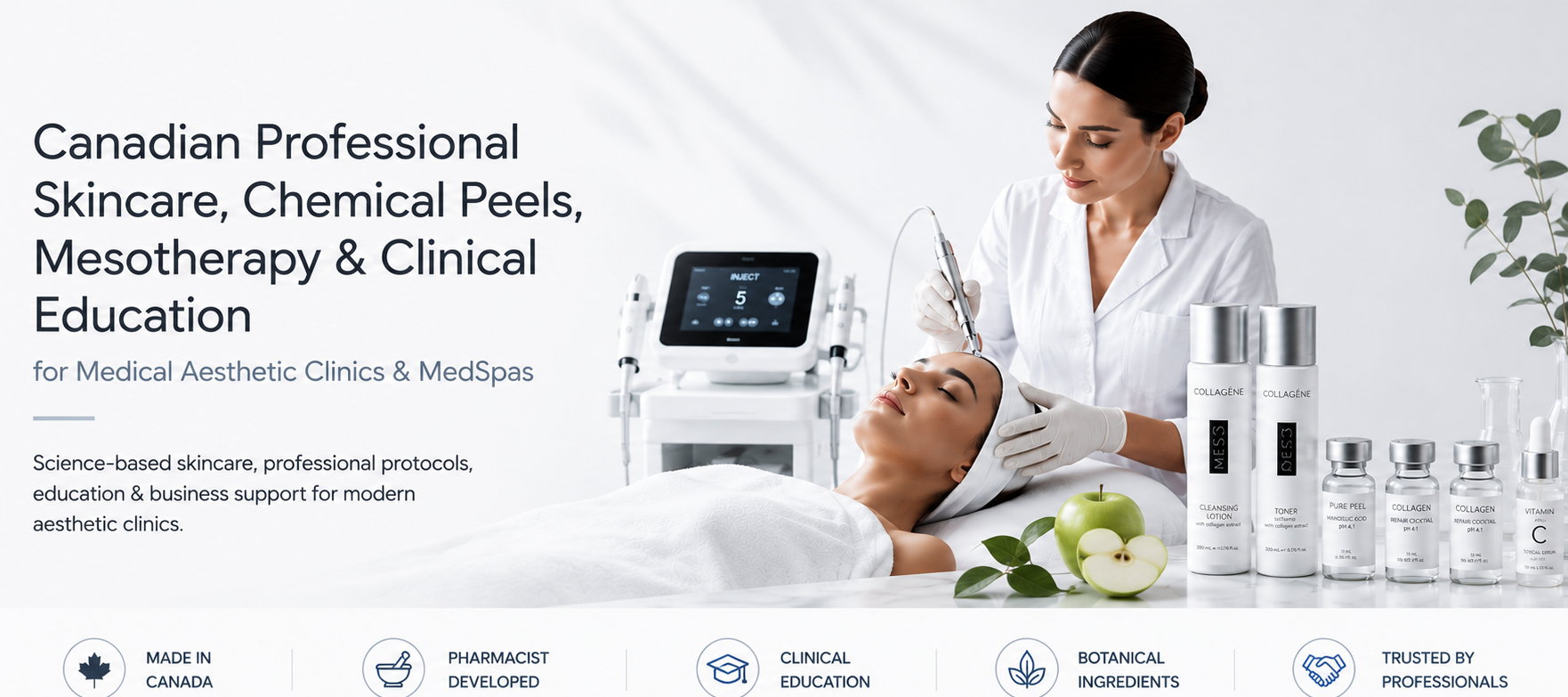 Woman receiving a facial treatment with skincare products displayed on a white background