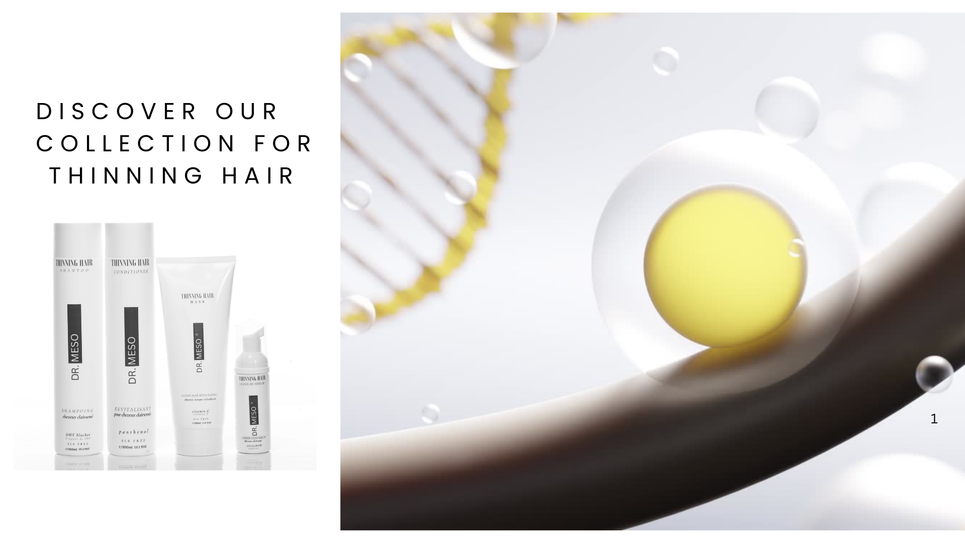Hair care product collection with a close-up of a droplet on a white background.