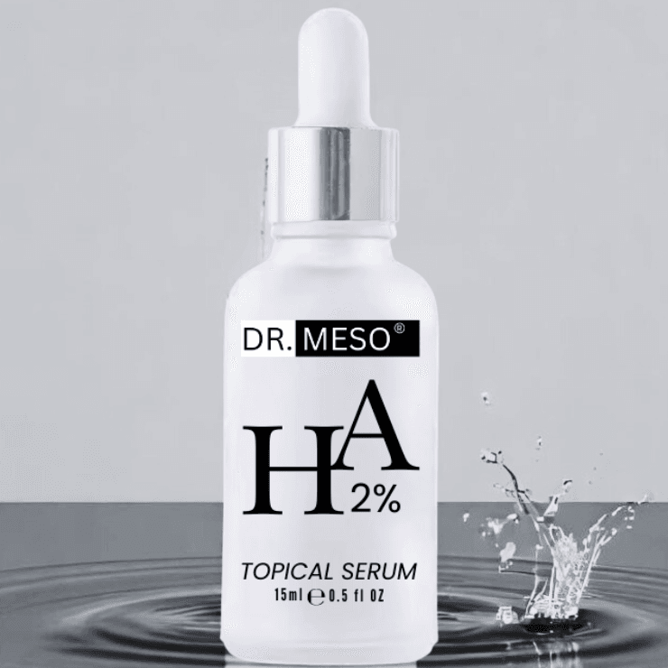 Clear serum bottle with hyaluronic acid and dropper lid.