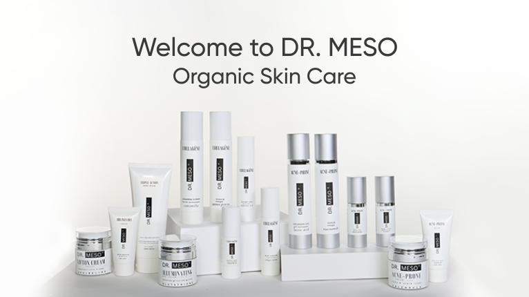Video thumnail image contain DR. MESO organic skin care products on a white background