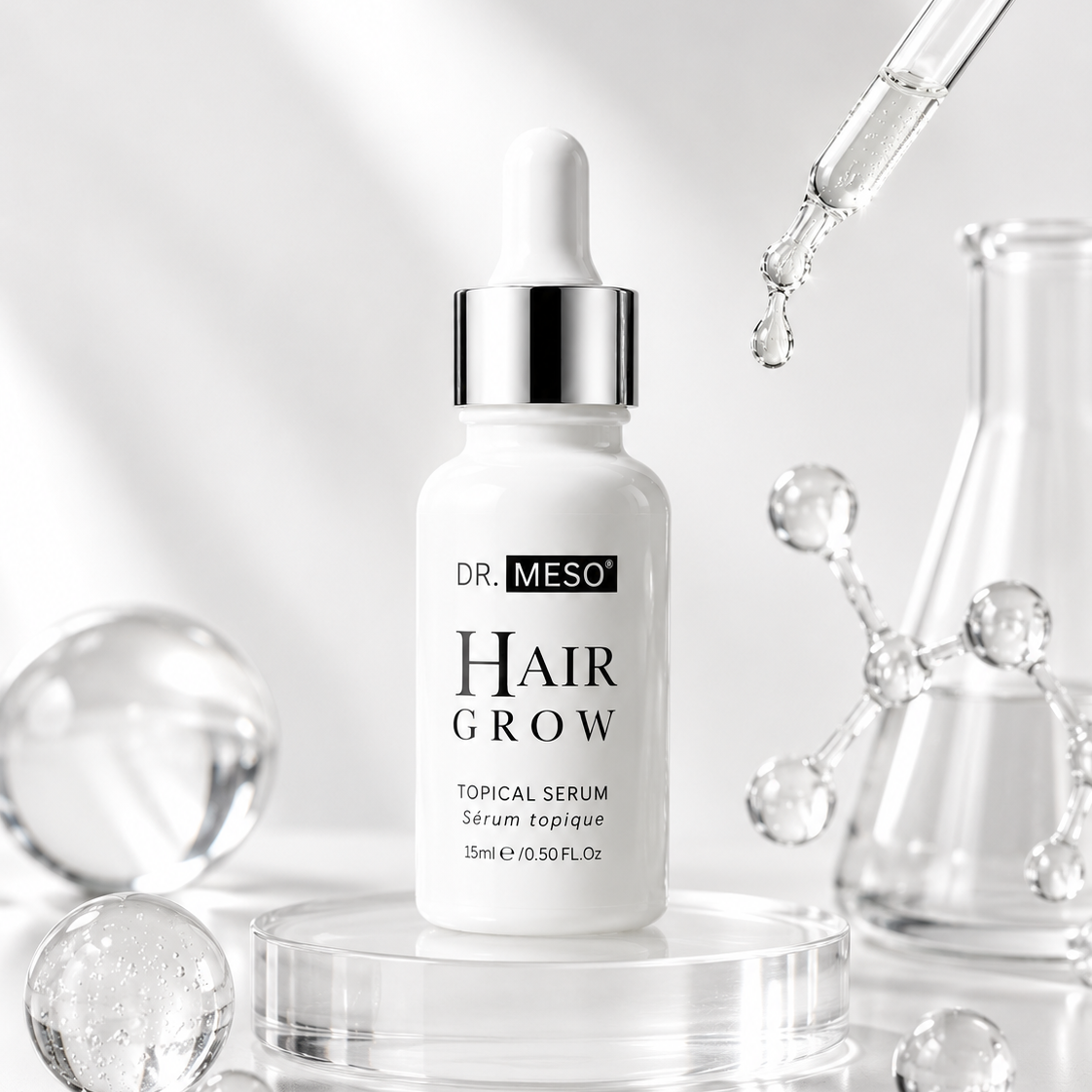 DR.MESO Hair Grow Serum for thinning hair. Peptides and biotin scalp treatment to support fuller looking hair. Made in Canada.