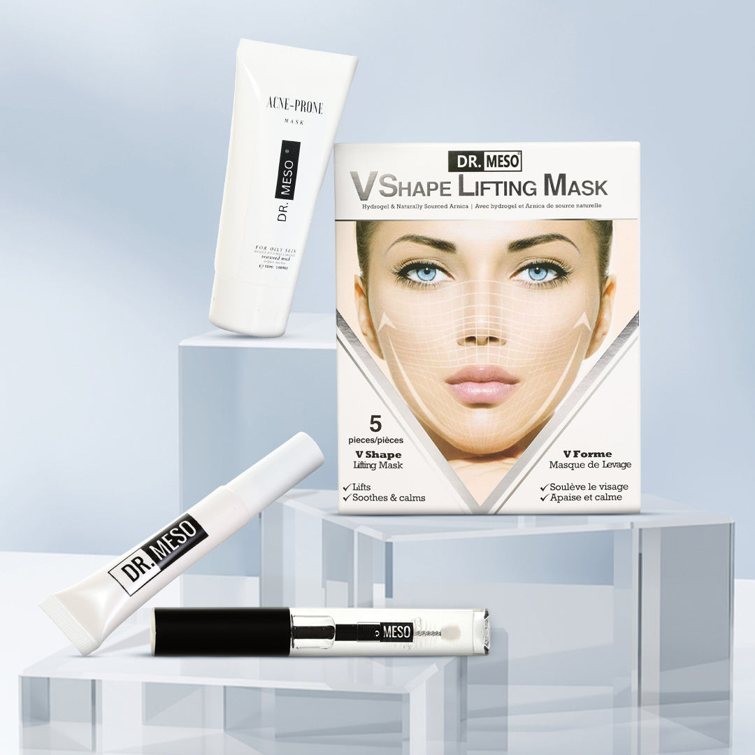 DR. MESO V Shape Lifting Mask packaging with applicator on a light gray background