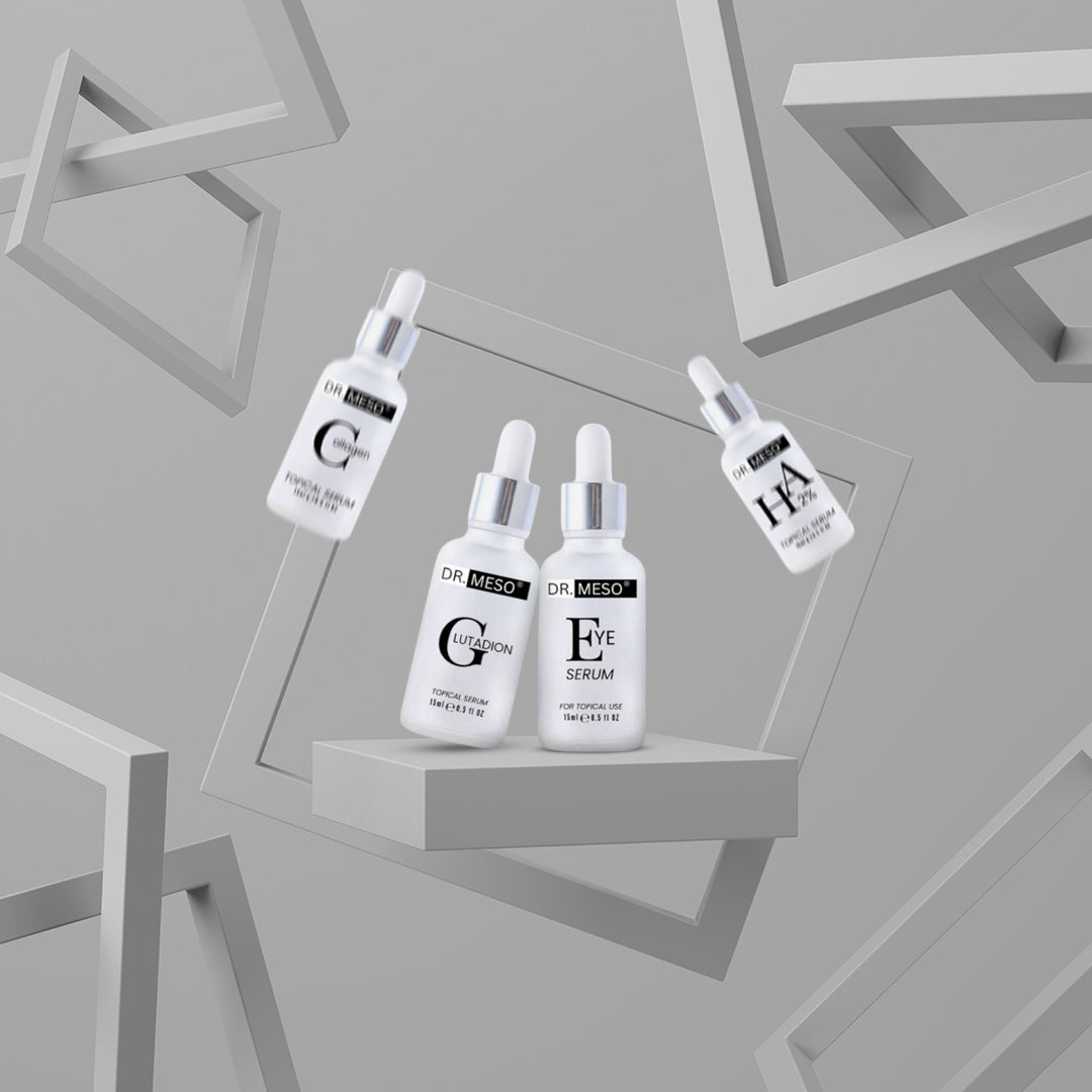 Dr. Meso skincare serum bottles on a geometric gray background