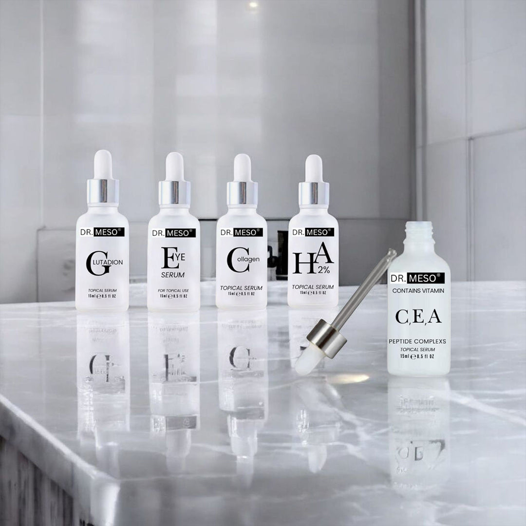 Set of Dr. Meso skincare serum bottles on a reflective surface with a neutral background