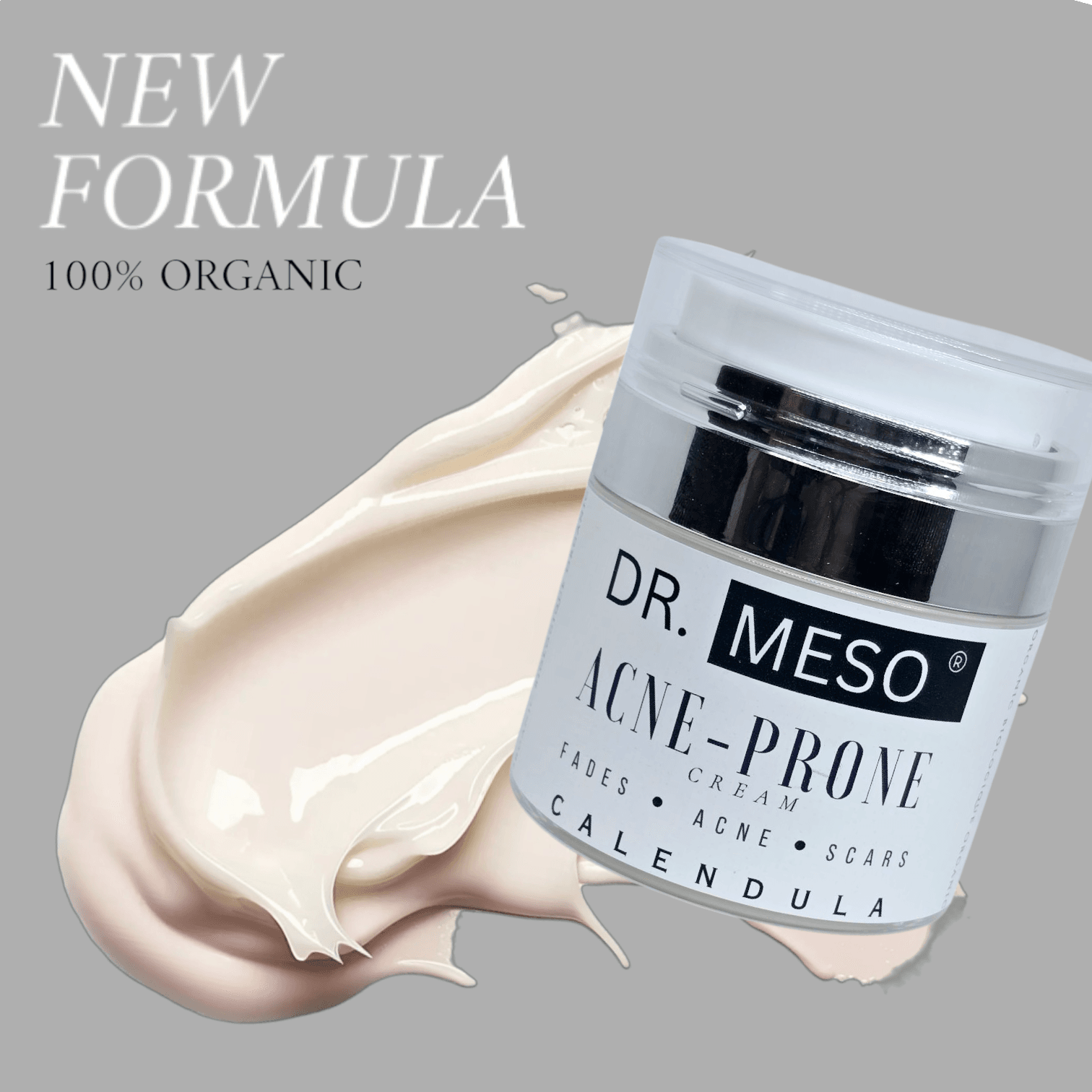 Jar of acne-prone skin cream with calendula extract.