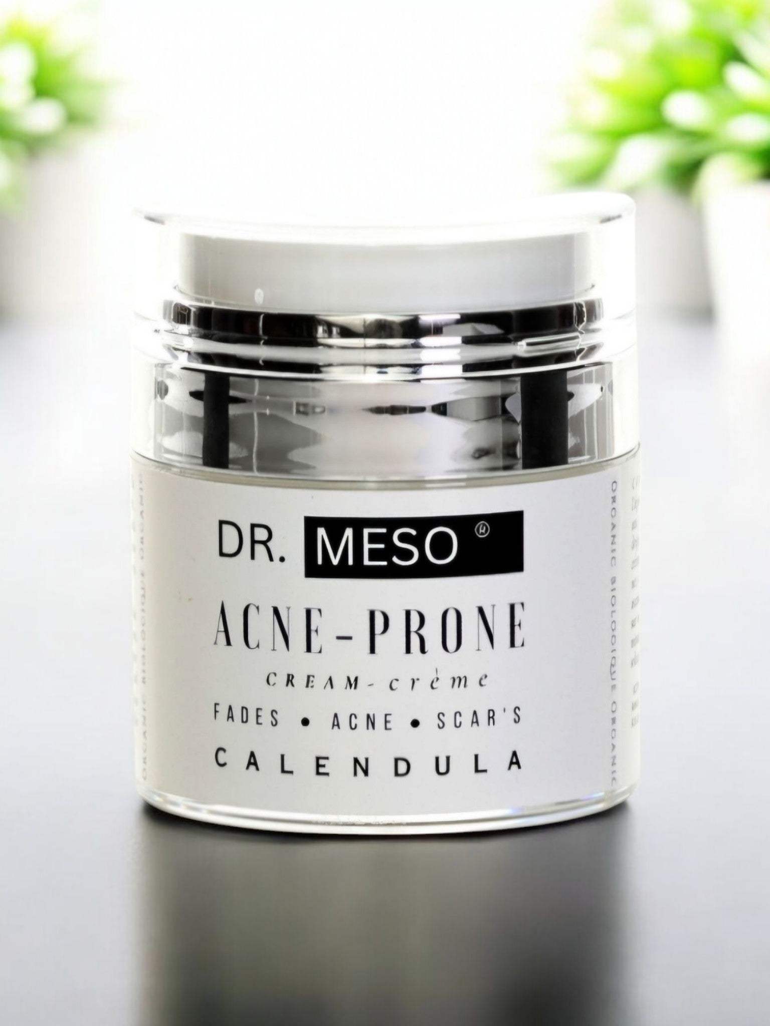 Skincare jar containing product for acne-prone skin.