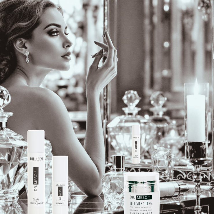 Woman applying Dr. Meso products with products on a vanity table