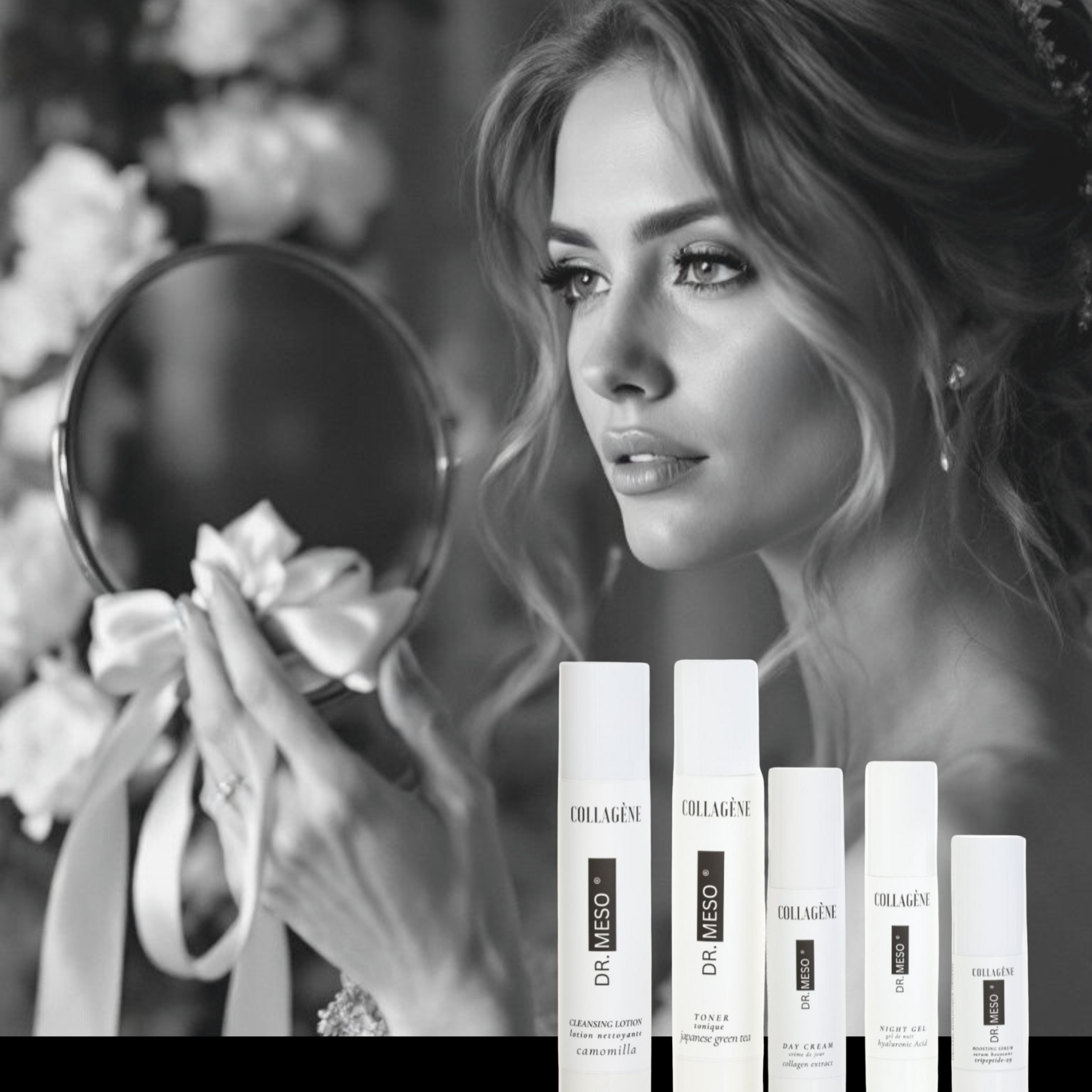 Woman holding a mirror with Dr. Meso Collagen products displayed below