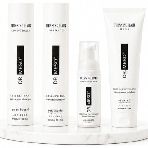 A promotional flyer for the Dr. Meso Professional Hair Thinning Program Training, featuring product bottles, informational text, icons, and before-and-after hair density results.