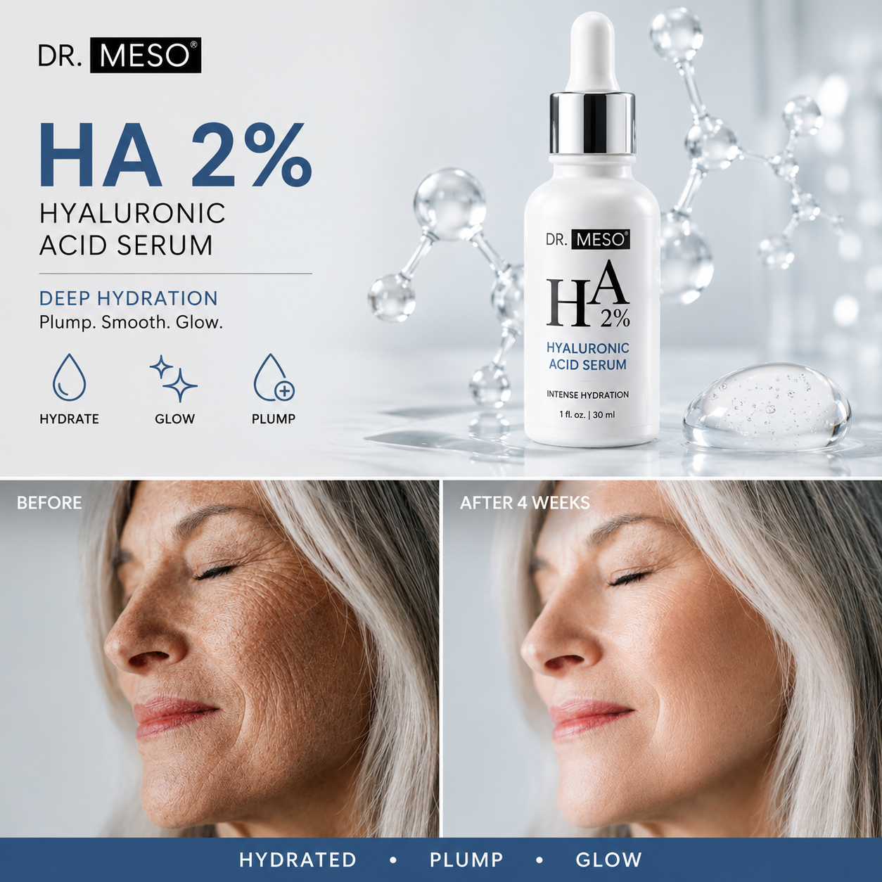 DR.MESO HA 2% Hyaluronic Acid Serum before and after results showing smoother, plumper and deeply hydrated skin