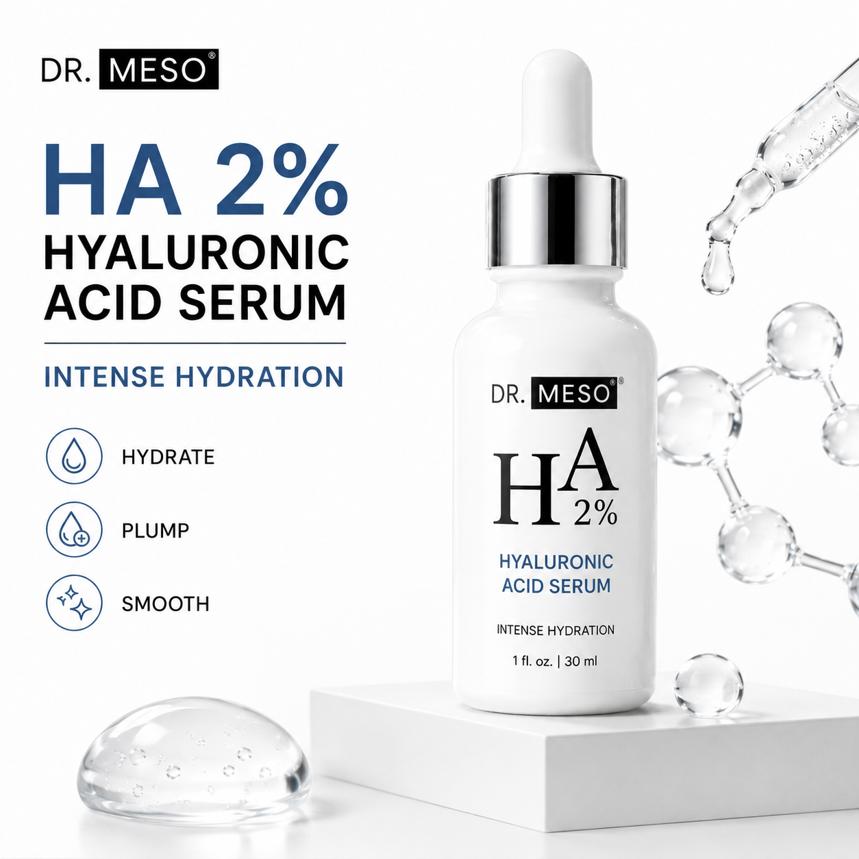DR.MESO HA 2% Hyaluronic Acid Serum for deep hydration, plumper and smoother skin