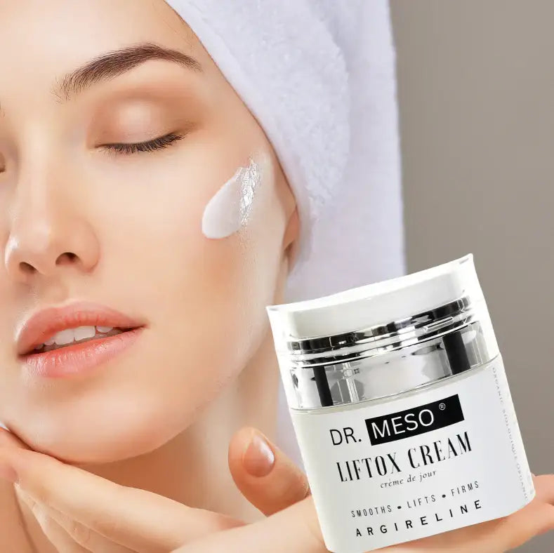 Woman applying DR.MESO LIFTOX Peptide Cream for daily anti-aging skin care