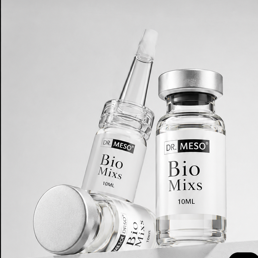 Dr. Mesq Bio Mixes skincare product bottles on a gray background

