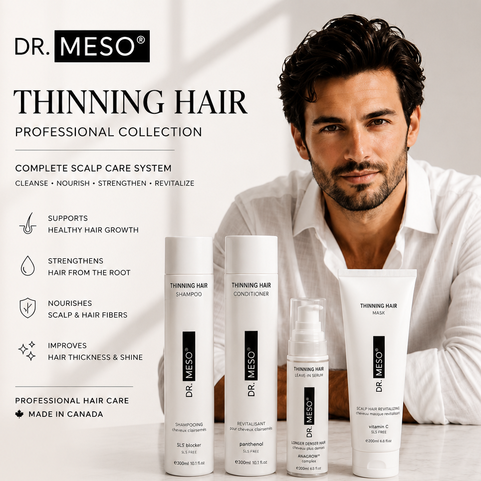 Promotional graphic for Dr. Meso Thinning Hair Professional Collection, featuring a male model, five hair care products, before-and-after hair density photos, and product benefits on a light background.