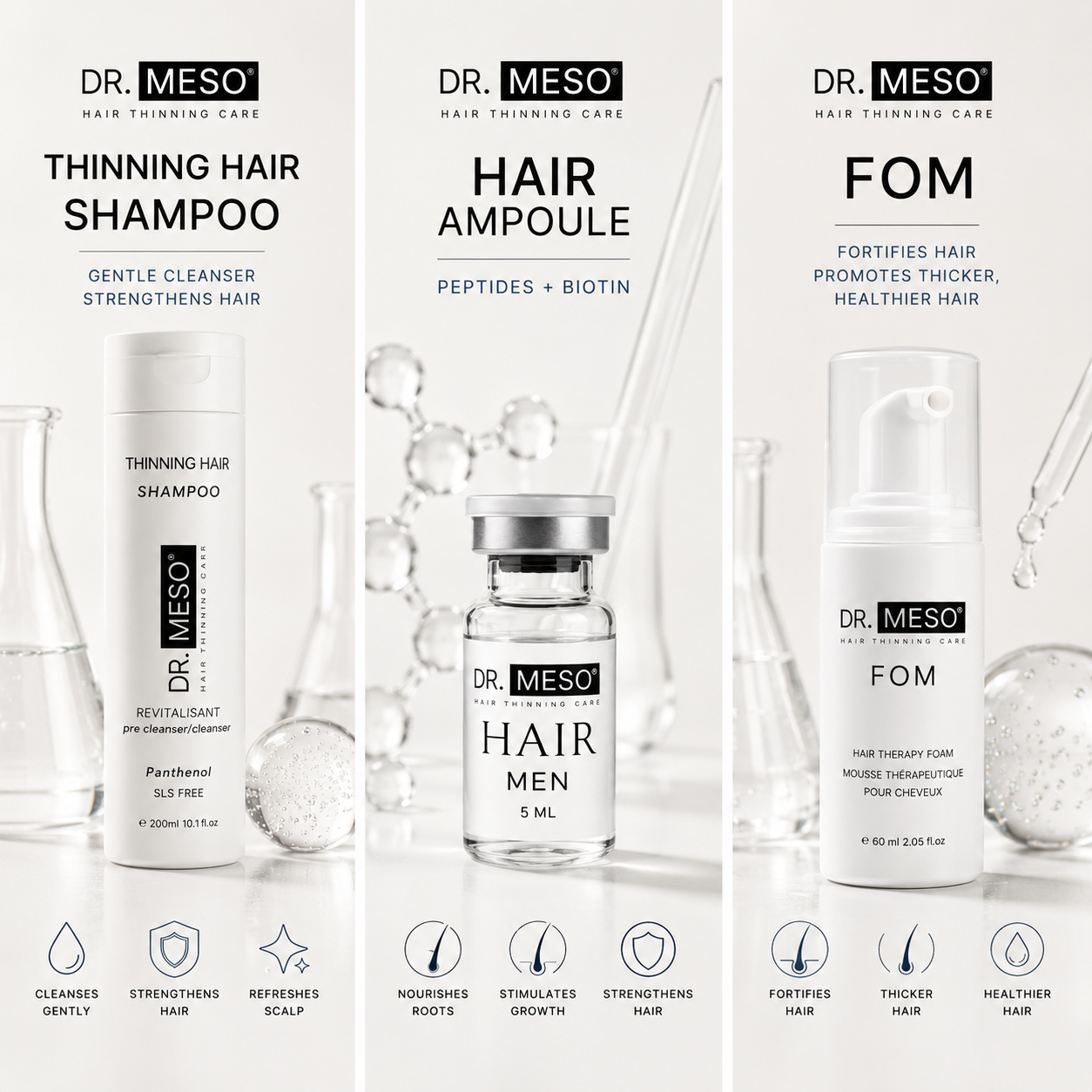 Dr. Meso hair care product lineup including shampoo, ampoule, and FOM on a white background.