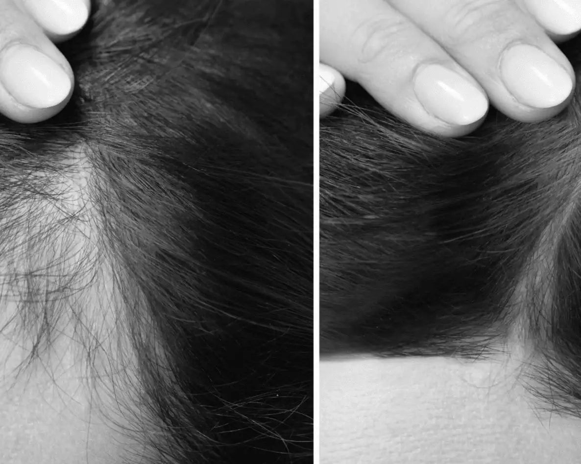 Close-up of hair with a hand gently touching it, showing improved texture and color.