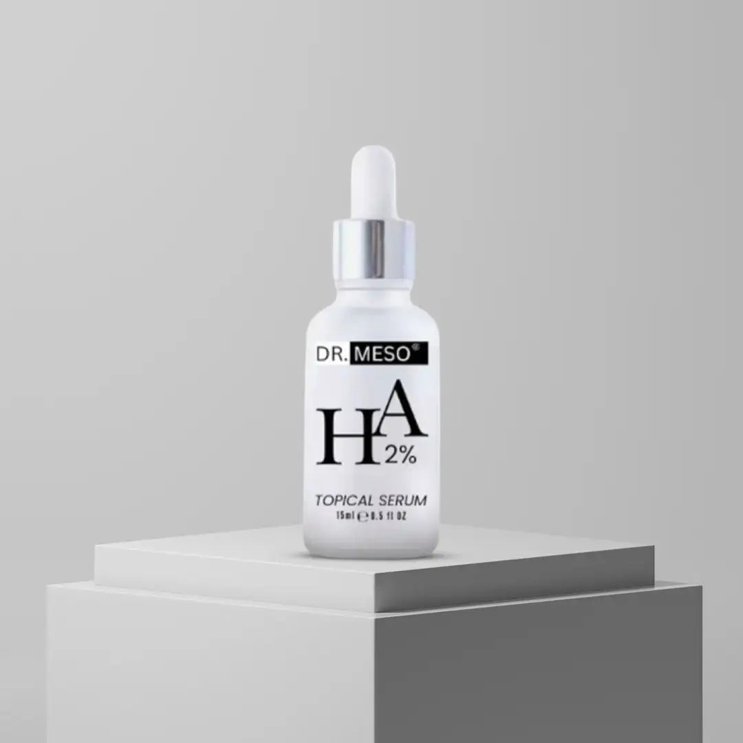 Glass bottle of hyaluronic acid serum with dropper cap.