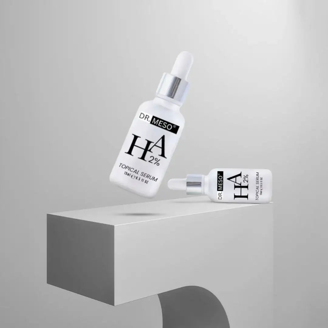 Glass bottle of hyaluronic acid serum with dropper cap.