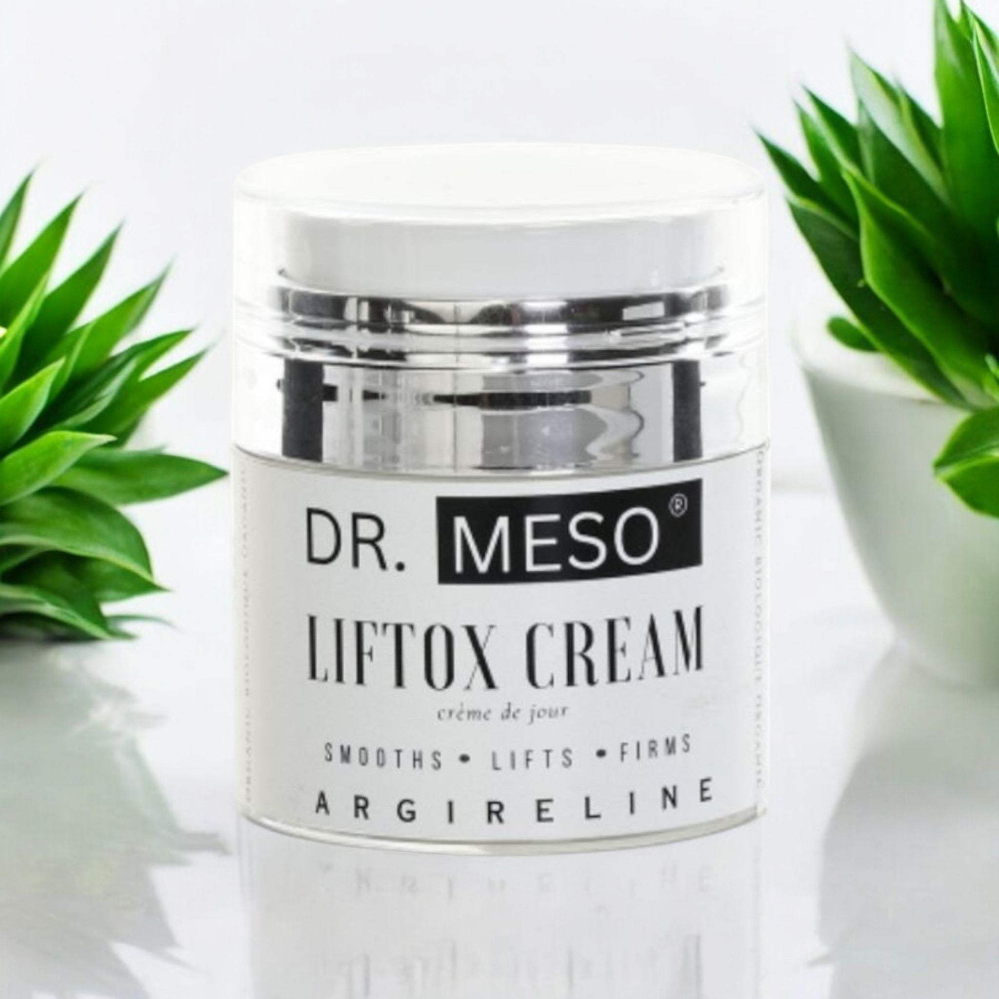 Liftox Cream with Argireline peptide in jar packaging, designed to reduce wrinkles and firm the skin.
